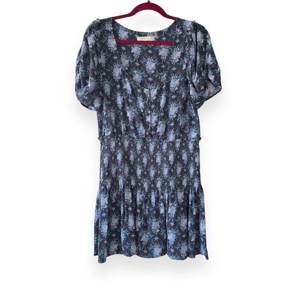 LoveShackFancy Brickell Blue Gathered Floral Print Crepe Mini Dress Size Large - Picture 2 of 13